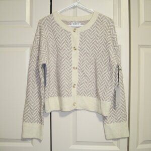 NWT Rachel Zoe Ivory and Light Gray Herringbone Cardigan